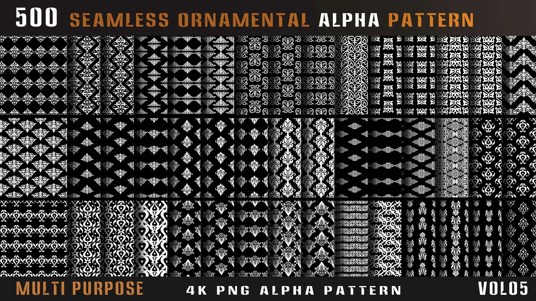 4435 500组刀剑相关边框图案4k高清装饰花纹Alpha贴图合集 500 seamless ornamental alpha pattern-Vol05