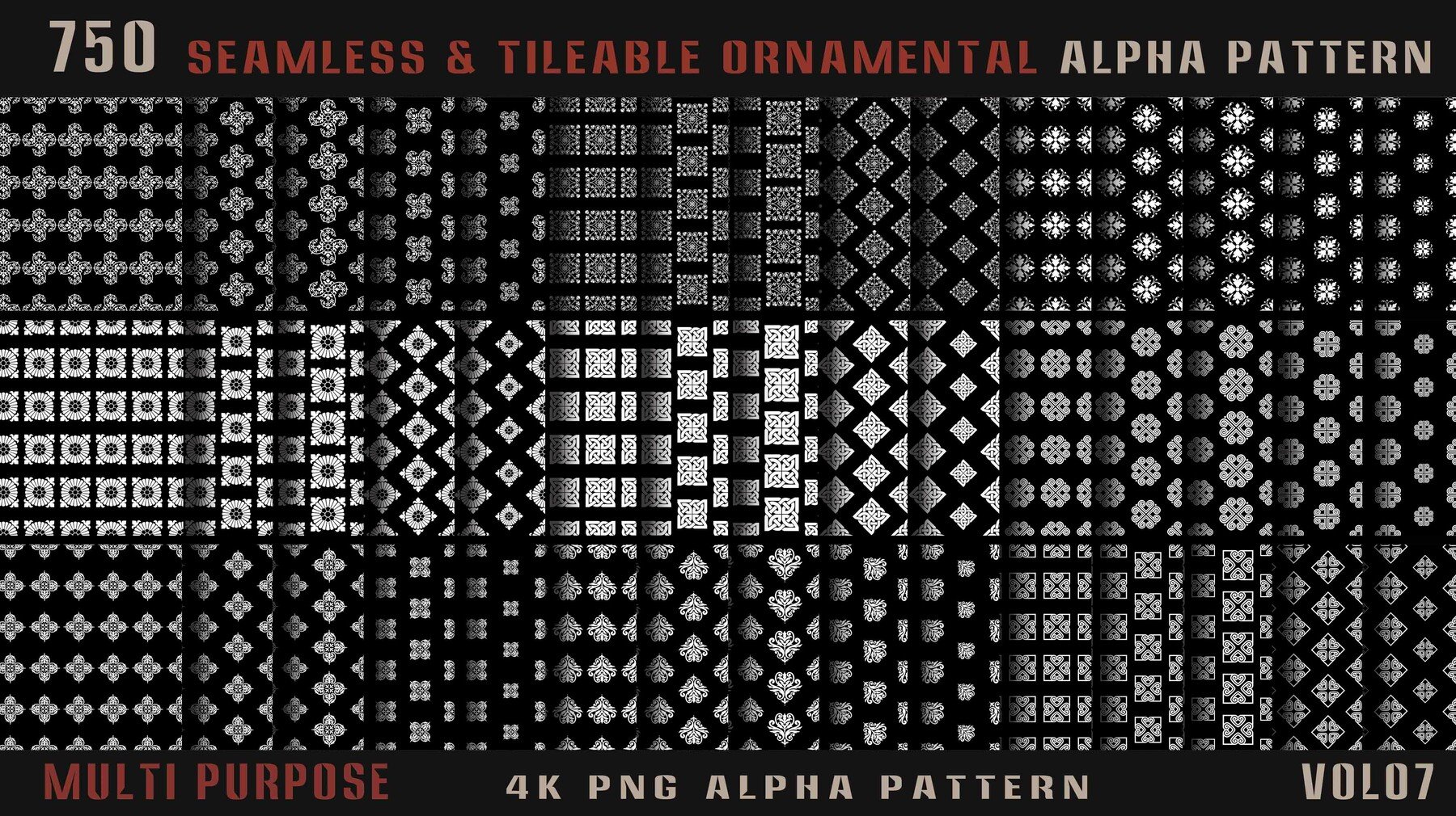 4437 750组武器无缝图案4k高清装饰花纹Alpha贴图合集 750 seamless & tileable ornamental alpha pattern + (50 free) -Vol07