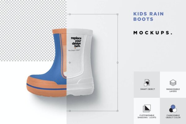 4514 5款儿童防滑雨靴设计PS样机 Kids Rain Boots Mockups@GOOODME.COM