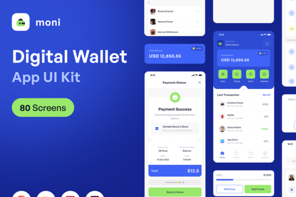 4580 数字钱包应用程序APP设计Fig模板 Moni – Digital Wallet Apps UI KIT@GOOODME.COM