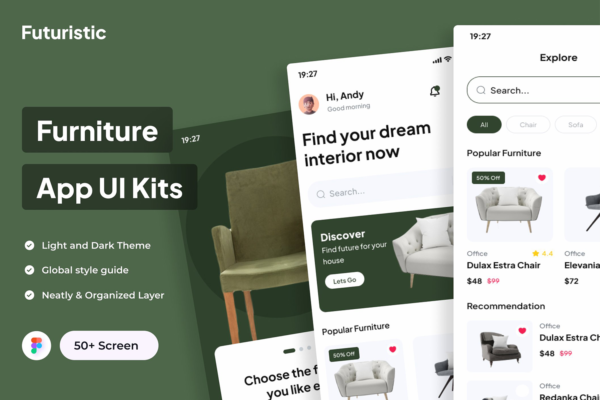 4587 家居家居品牌在线商城APP设计UI模板Fig文件 Futuristic – Furniture Apps UI Kits@GOOODME.COM