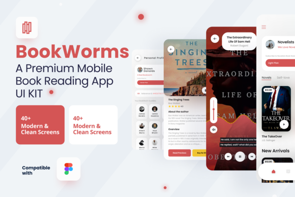 4589 歌曲专辑有声读物App应用程序UI设计套件Fig模版 BookWorms – An Ebook Reading Audio Video Books Mobile App UI Kit 2@GOOODME.COM