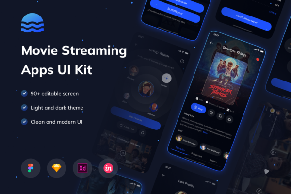 4598 90屏手机在线影院电影流媒体用户界面app设计UI套件 Movees – Movie Streaming Apps UI KIT@GOOODME.COM