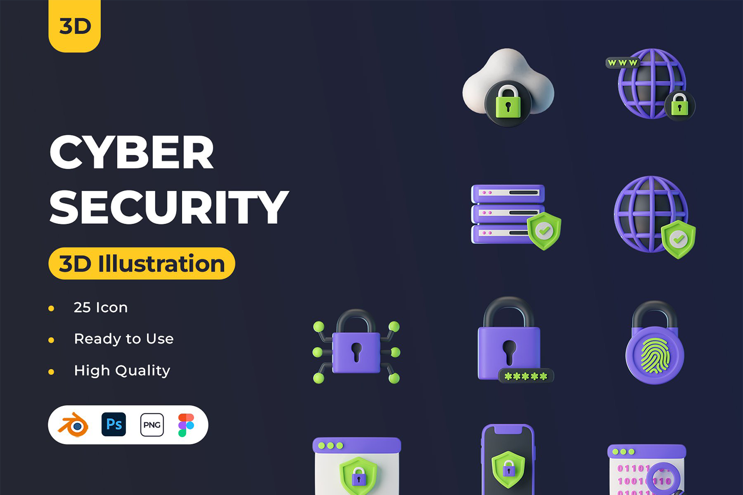 4606 25款3D立体科技网络安全电子数码app应用icon图标png免抠图片素材 Cyber Security 3D Icons ...
