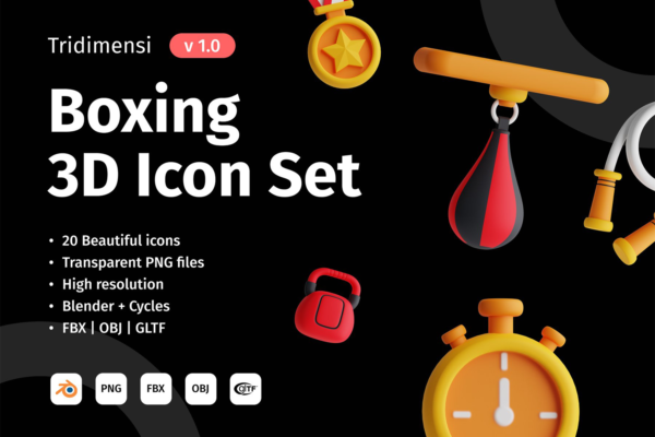 4608 20款拳击训练擂台比赛插图3D图标icon素材png免抠图Blend文件 3D Boxing Icon Set@GOOODME.COM
