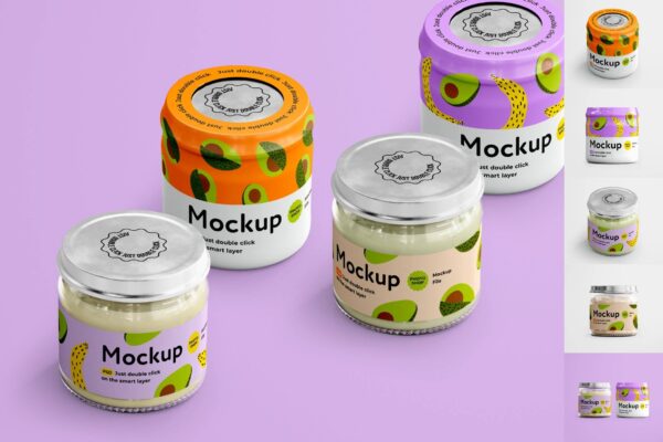 4806 6款儿童食物玻璃罐玻璃瓶罐头包装瓶塑料包装外观设计展示样机组合Baby Food Jar Mockup Set@GOOODME.COM