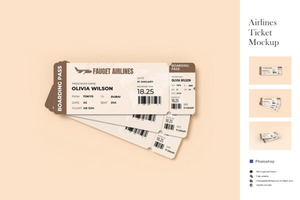4861 3款门票卡券抽奖券机票设计PS样机 Airlines Ticket Mockup@GOOODME.COM