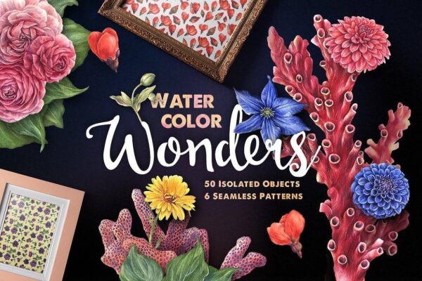 4863 矢量复古欧式水彩手绘植物花卉珊瑚绘图艺术装饰图案插画图片设计素材 Watercolor Wonders Graphic Kit