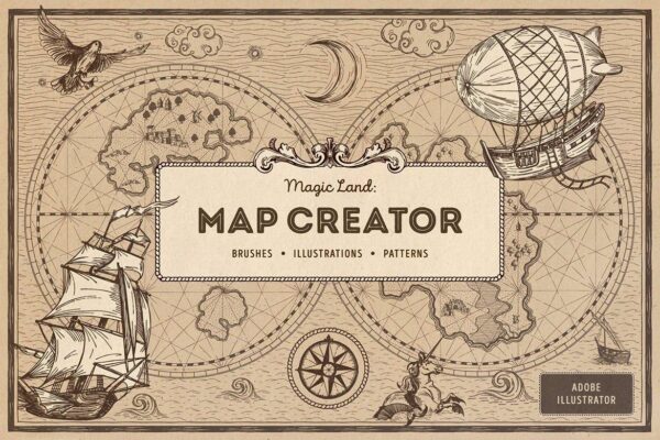 4878 复古手绘大航海时代地图AI矢量元素包Magic Lands – Vintage Map Creator