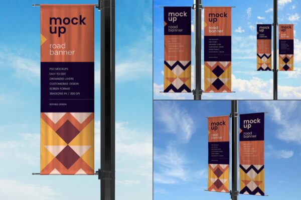 4900 3款户外广告展示道旗路灯旗帜设计PS样机 Street Pole Banner Mockup Set@GOOODME.COM