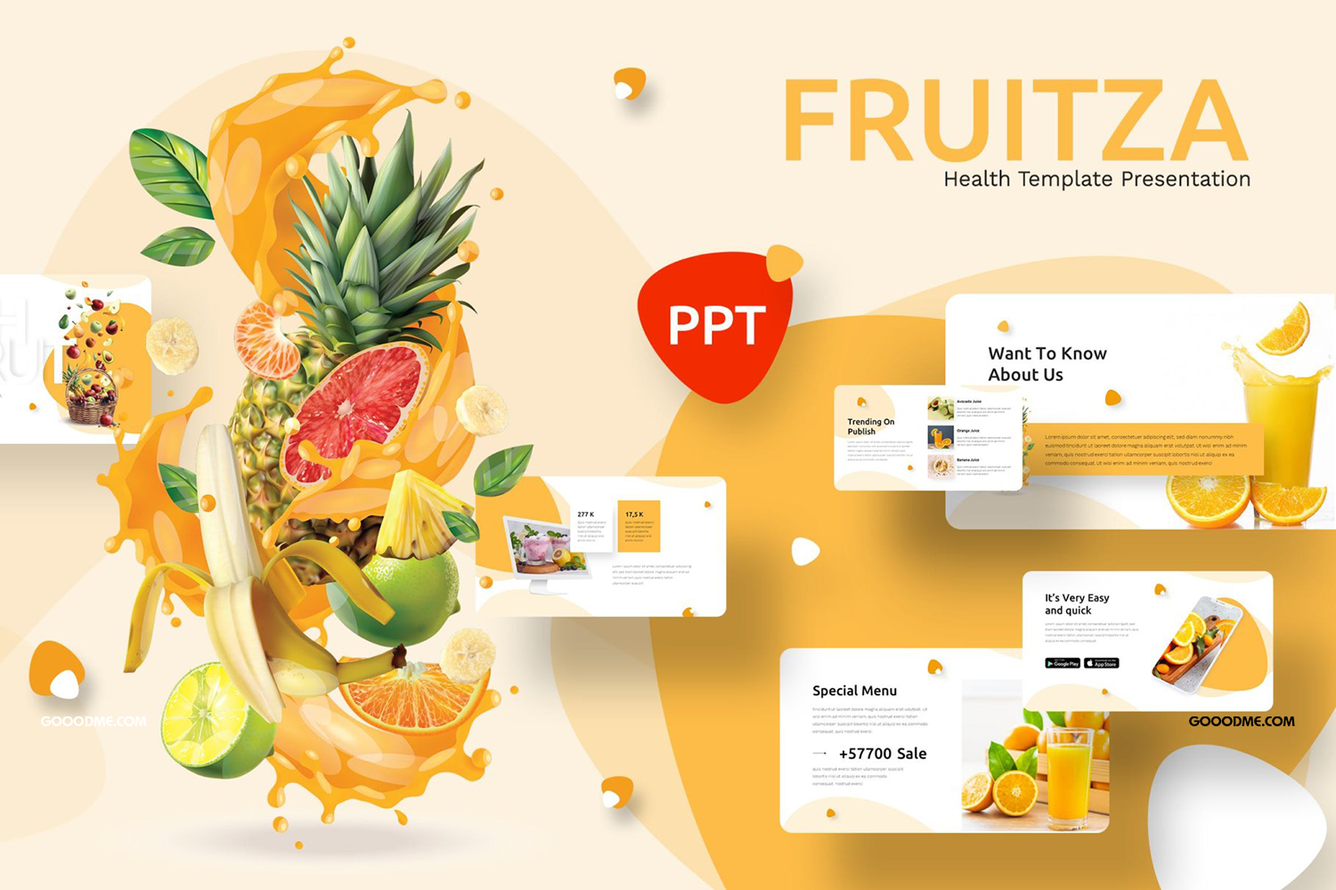 44 现代多彩水果果汁图文排版演示文稿设计Keynote+ppt模板 Fruitza – Fresh Keynote+ppt Template