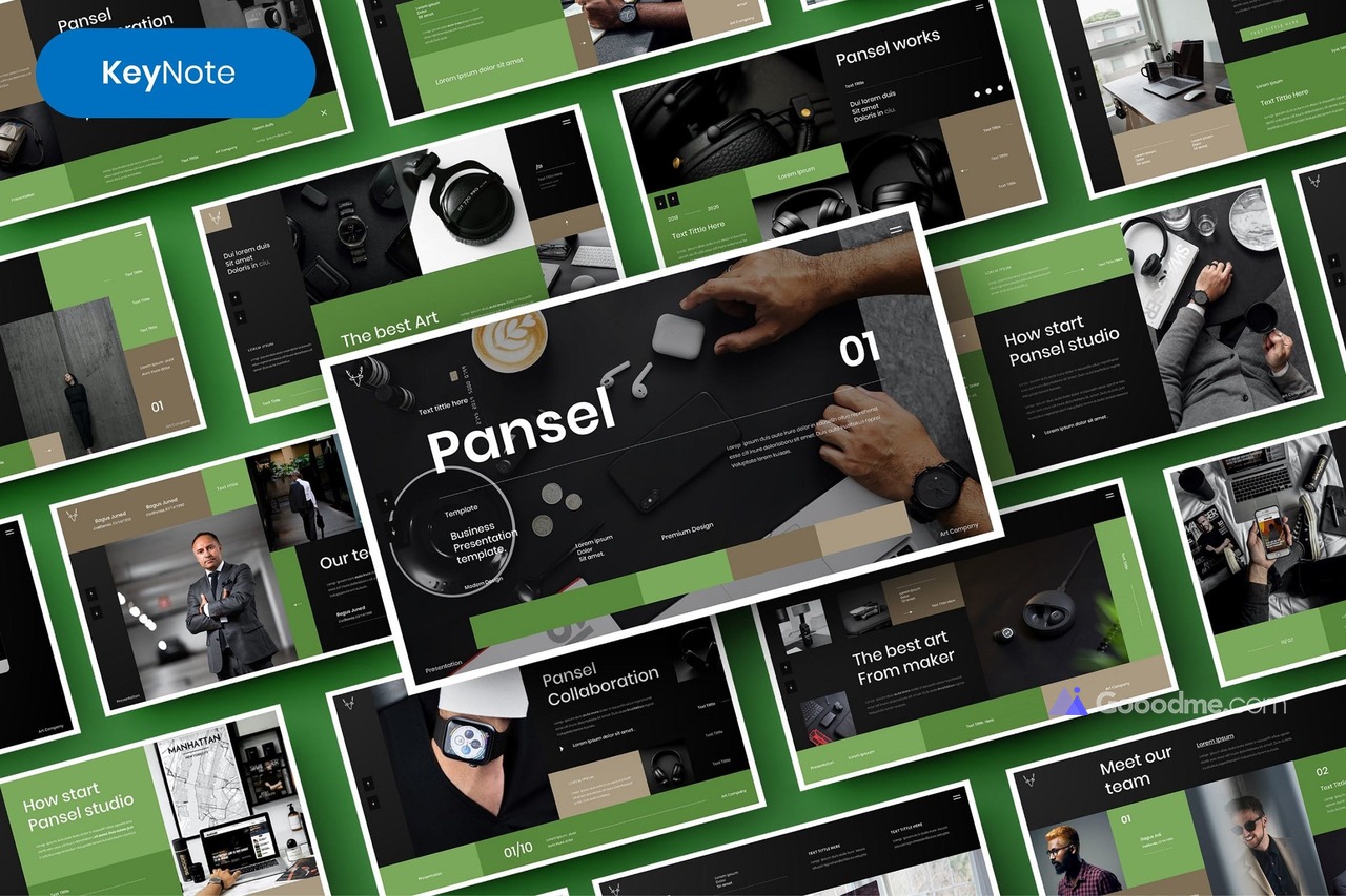 3078 绿色优雅商业主题摄影器材演示Keynote模板 Pansel – Business Keynote Template