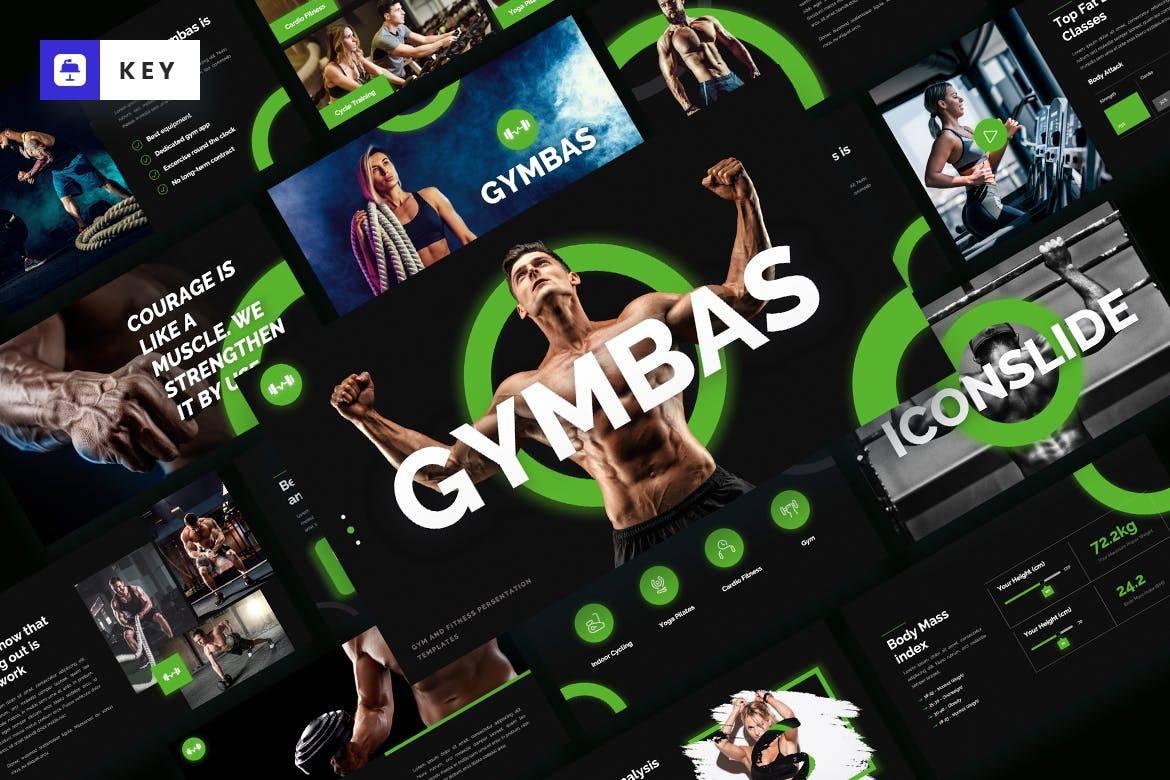 3080 黑色酷炫健身运动项目产品介绍PPT+Keynote模板  GYMBAS – GYM & Fitness Keynote Template