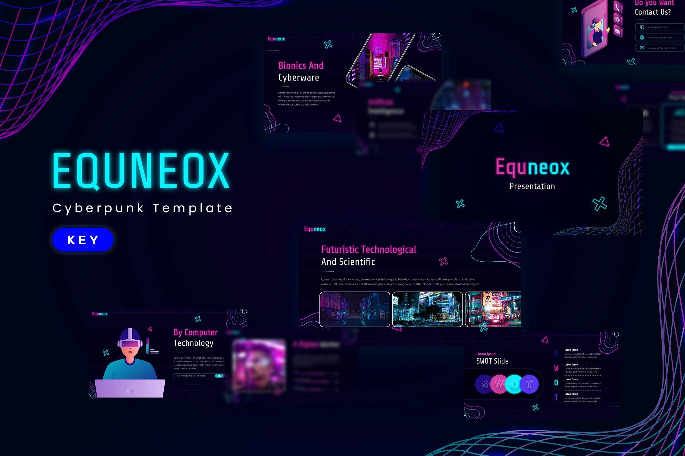 3674 酷炫未来数字艺术NFT赛博朋克多用途Keynote模板 Equneox – Keynote Template