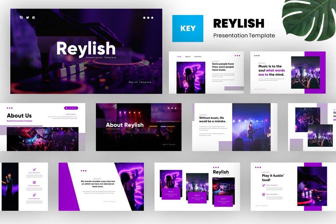 4052 音乐节演唱会舞会晚会活动策划方案相关主题多用途Keynote模板 Reylish – Music Event Keynote Template@GOOODME.COM
