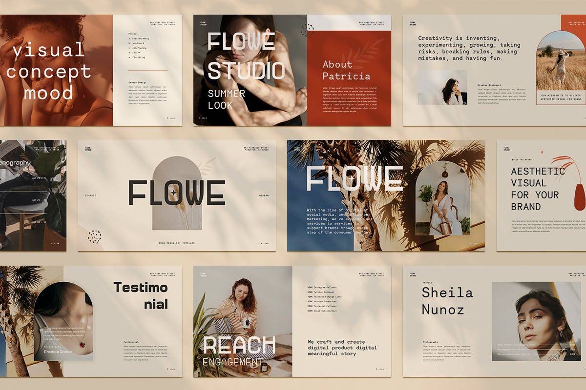 4674 轻奢复古创意通用旅游摄像主题演讲PPT+Keynote模版 Flowe – Media Kit PowerPoint Template@GOOODME.COM