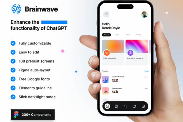 A01 双配色Ai人工智能ChatGPT聊天机器人社交App应用ui界面设计Fig设计套件Brainwave – AI iOS UI Kit