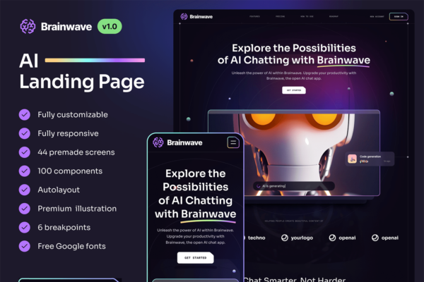 AI04 全套Ai人工智能科技网站首页登录页网页UI界面设计Fig模板素材 Brainwave – AI Landing Page Kit