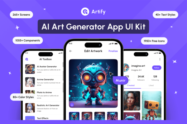 AI05 AI人工智能艺术绘画图像编辑生成器App应用界面ui设计套件模板 Artify – AI Art Generator App UI Kit