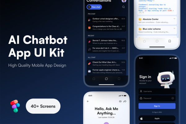AI06 40屏国外人工智能Ai对话聊天app用户界面设计ui套件模板 Ai Chatbot UI Kit