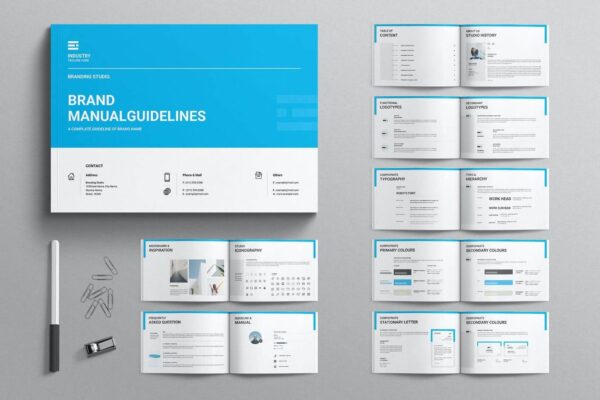 5092 16页蓝色高端充满细节的VI样机PSD素材包（INDD） Brand Manual Guidelines Template Landscape@GOOODME.COM