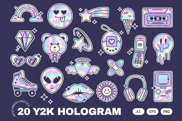 5206 90s风格Y2K全息贴纸插图集霓虹色渐变矢量素材 Y2K Holographic Stickers Illustrations Set@GOOODME.COM