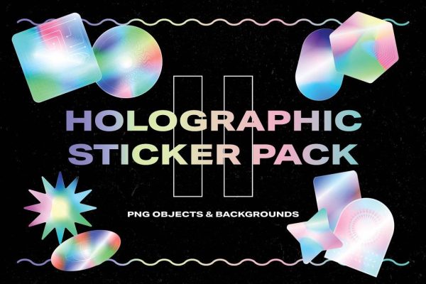 5215 全息效果彩色贴纸10个数字贴纸和背景素材包社交媒体封面艺术设计资源 Holographic Sticker Pack 2@GOOODME.COM