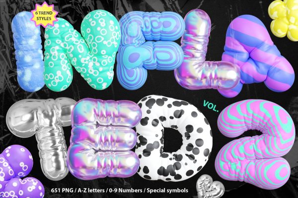 5216 3D立体充气球英文字母数字装饰字体素材包黑彩虹趣味白银多用途创意设计素材 3D Inflated Type 2 Letters Numbers@GOOODME.COM