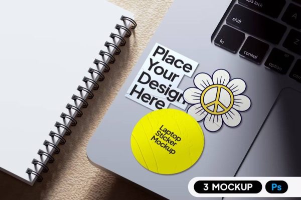 5266 笔记本贴纸PSD样机素材个性化定制MacBook贴纸模拟展示1 Laptop Sticker Mockup@GOOODME.COM