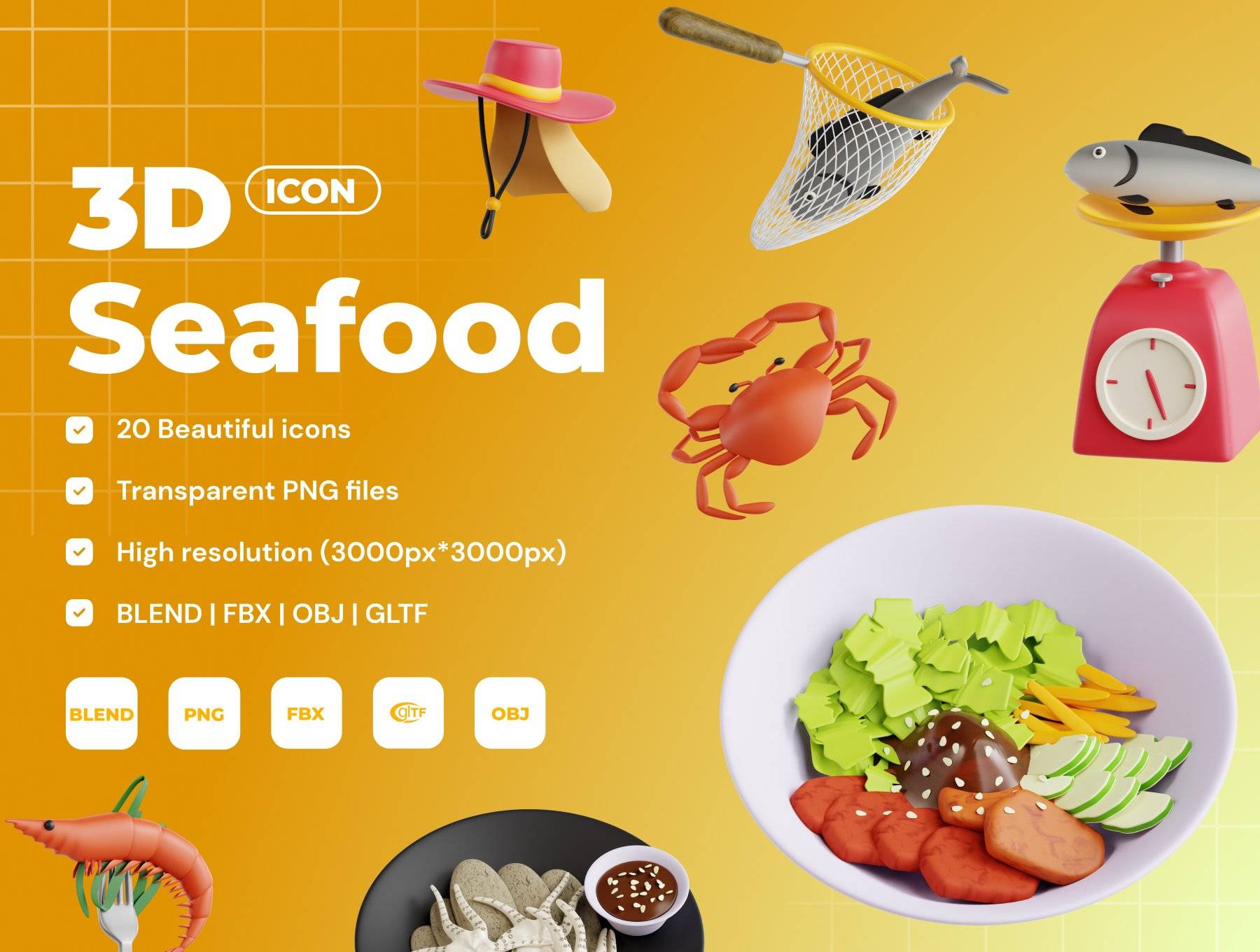 5448 海鲜主题的3d立体插画模型素材 – Seafood