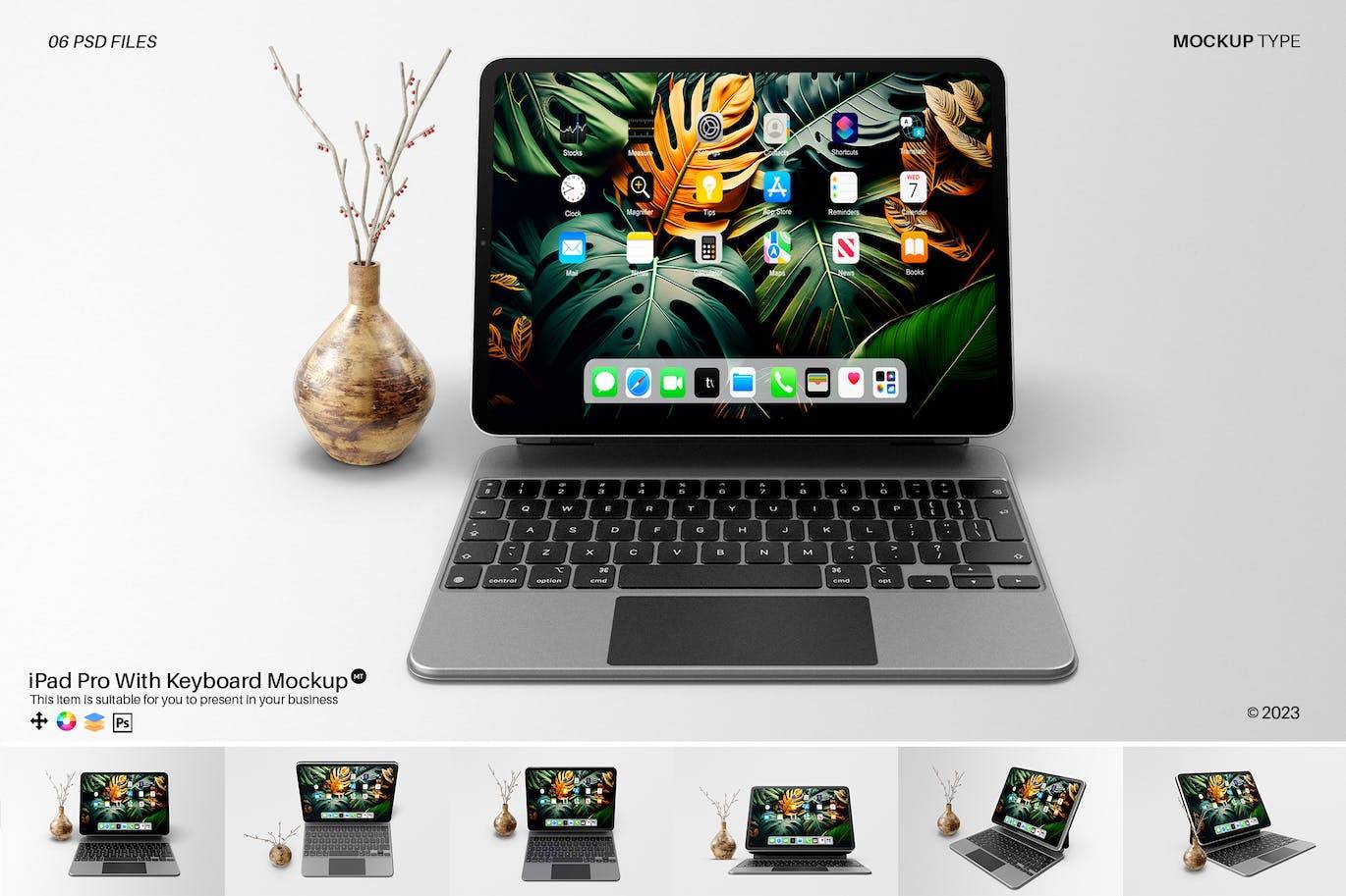 5653 带实物键盘的平板电脑iPad Pro样机PSD模型素材包
